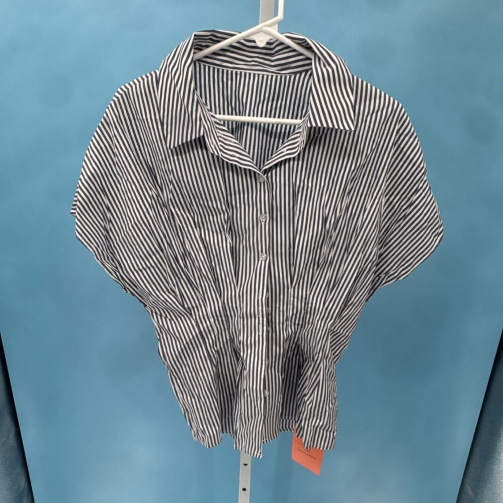 Women's Navy White Striped Point Collar Button-Up Shirt Cotton Short Sleeve M